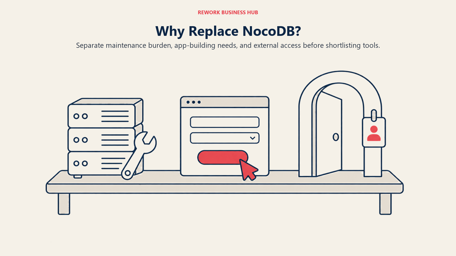Why Replace NocoDB? illustrated by decision bench showing separate maintenance burden, app-building needs, and external access before shortlisting tools.