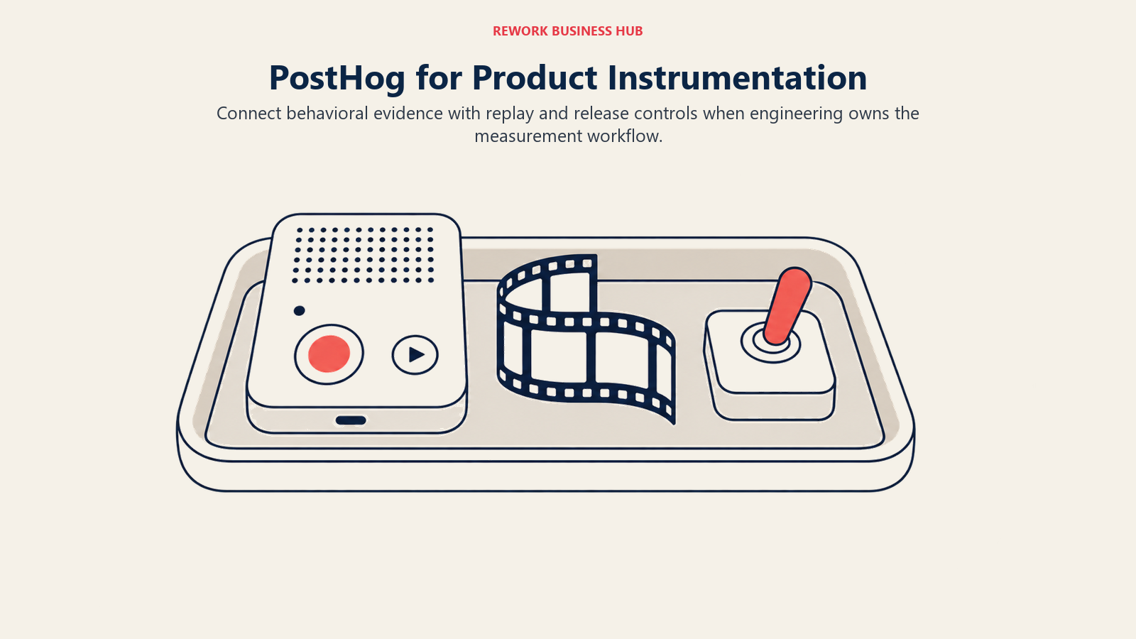 PostHog for Product Instrumentation illustrated by instrument tray showing connect behavioral evidence with replay and release controls when engineering owns the measurement workflow.