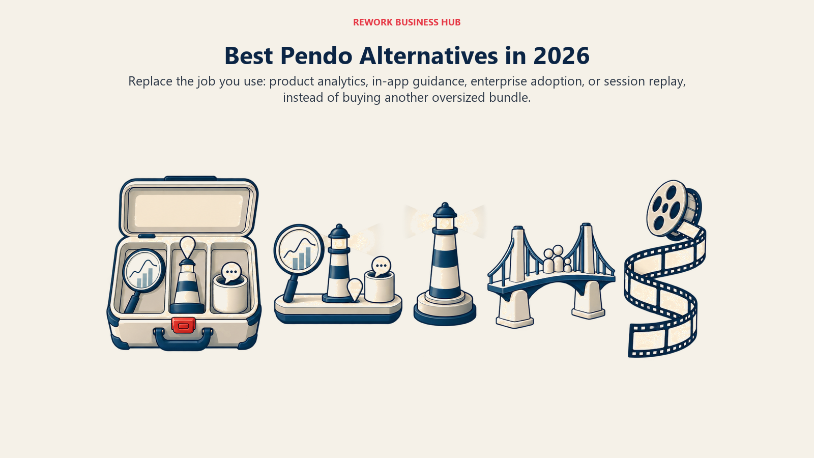 Best Pendo alternatives shown as an analytics, guidance, adoption, and session replay job selector opening from a bundled product suite