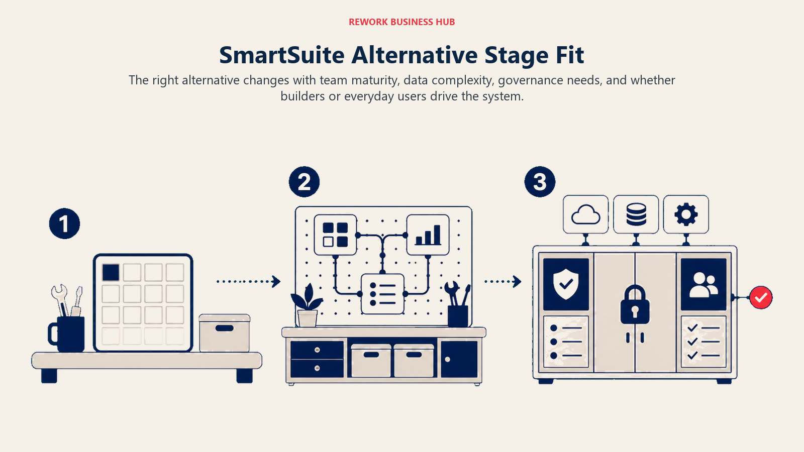 SmartSuite Alternative Stage Fit shown as three-stage workspace maturity shelves