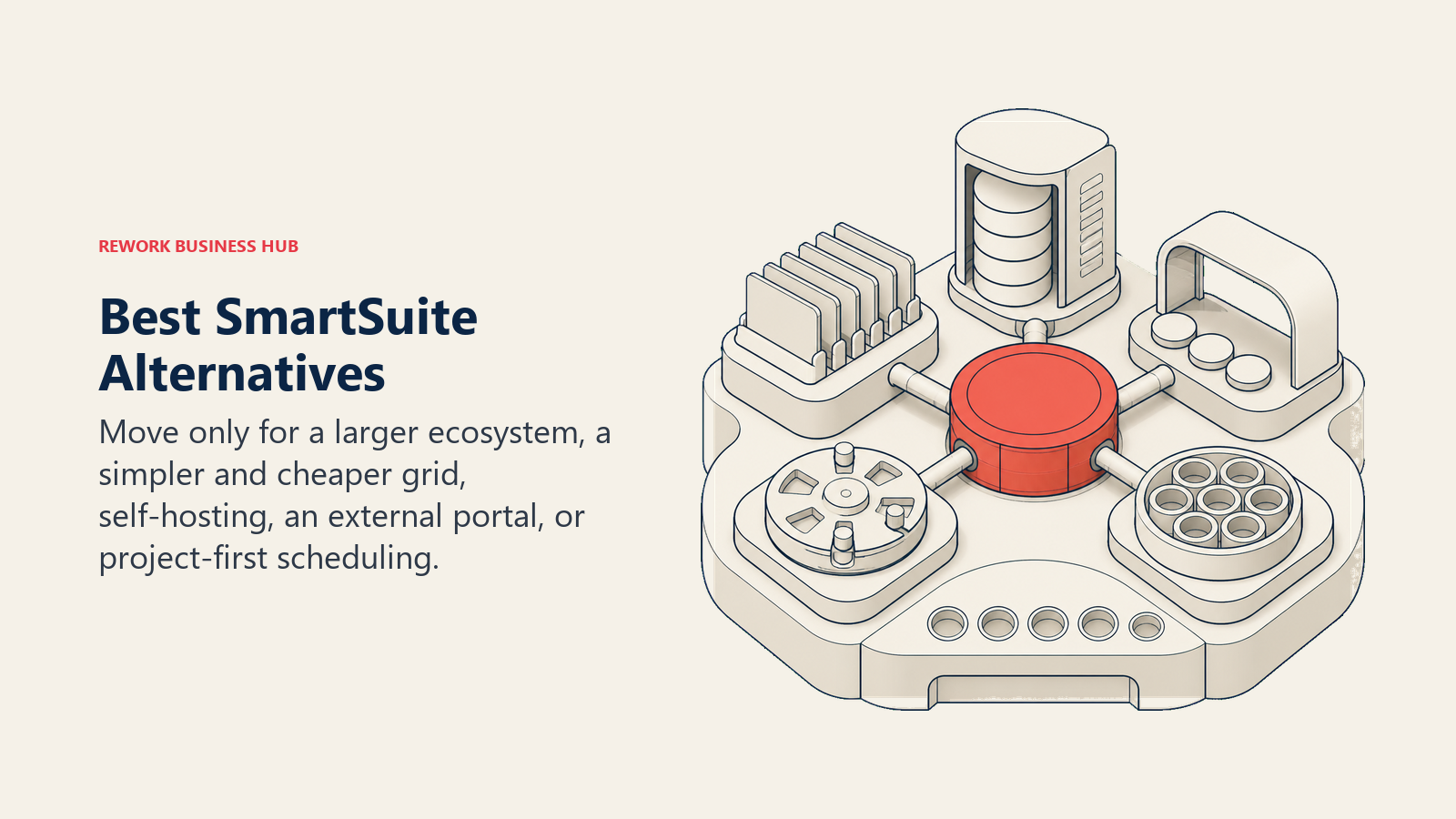 Best SmartSuite alternatives shown as a rounded operations multi-tool with ecosystem, lightweight grid, self-hosting, portal, and scheduling attachments