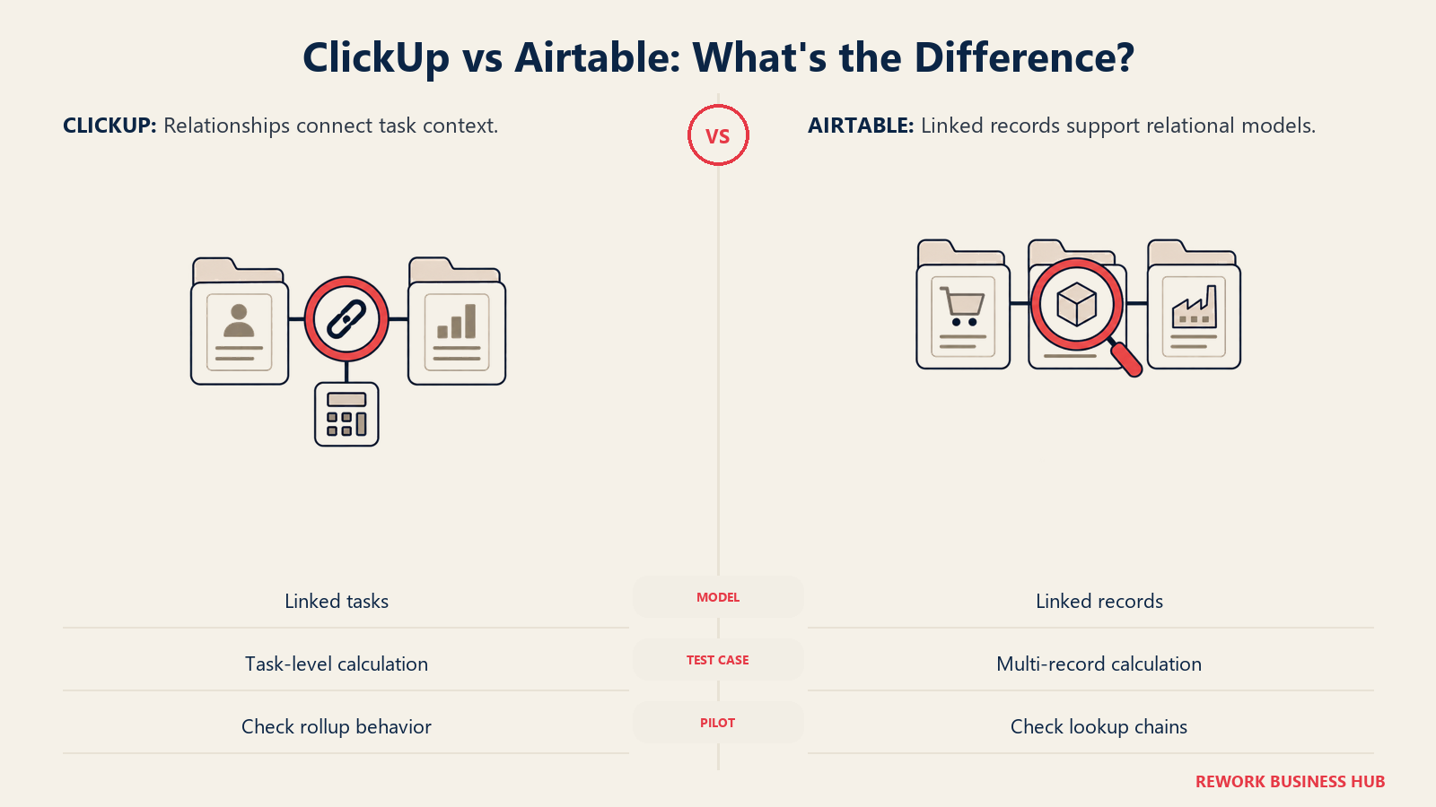 ClickUp vs Airtable: What's the Difference? illustrated by relationship chain showing test a real relationship chain and its calculations before committing to either data model.