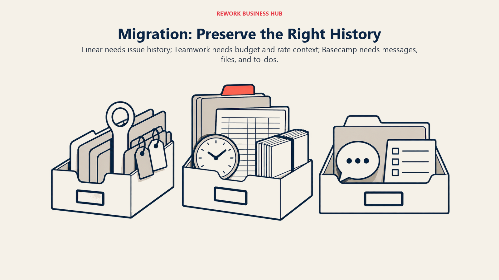 Three archive trays preserve Linear issue history, Teamwork financial context, and Basecamp messages