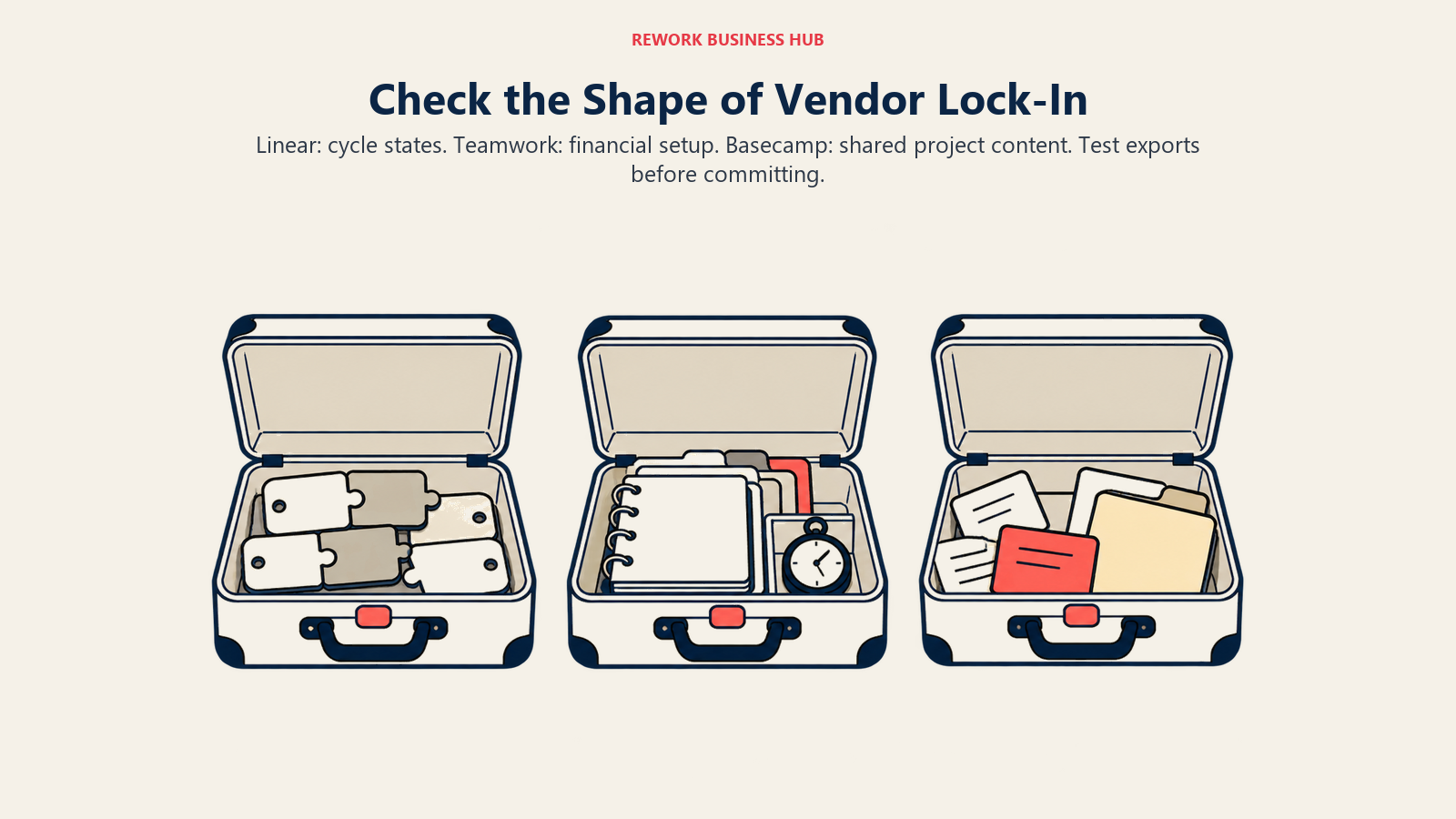 Three export cases compare Linear workflow states, Teamwork financial setup, and Basecamp project content