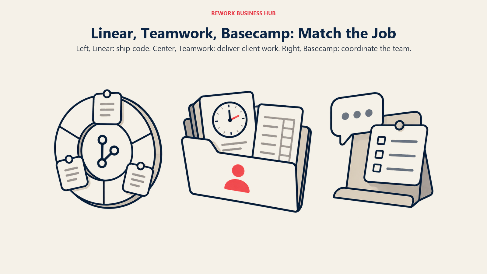 Linear issue cycle, Teamwork client folder, and Basecamp shared project board
