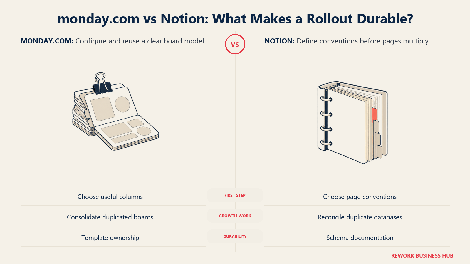 Reusable monday.com board templates compared with documented Notion page conventions