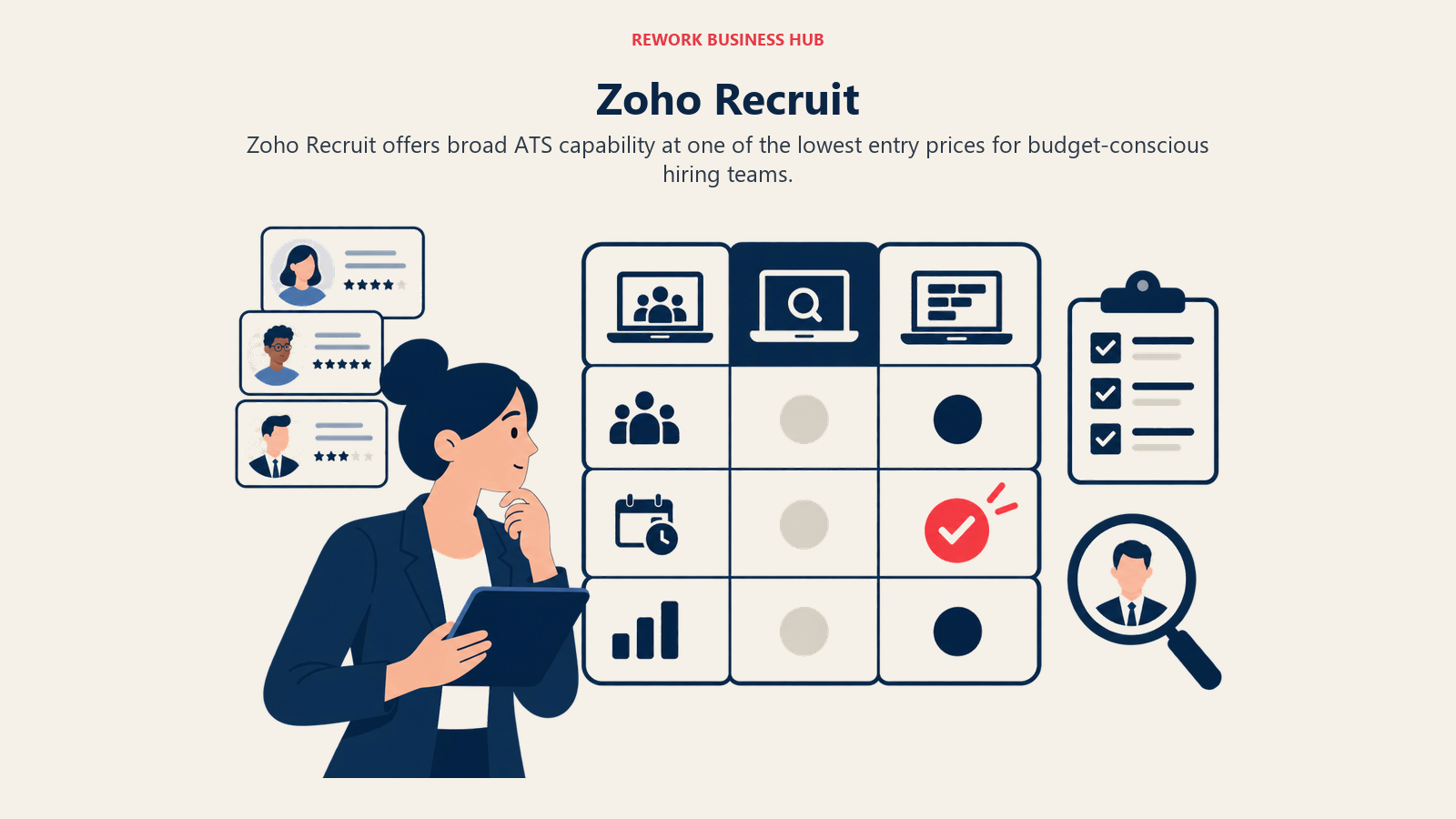 Zoho Recruit illustrated by a sparse decision matrix of platform coverage blocks with one coral must-have marker.