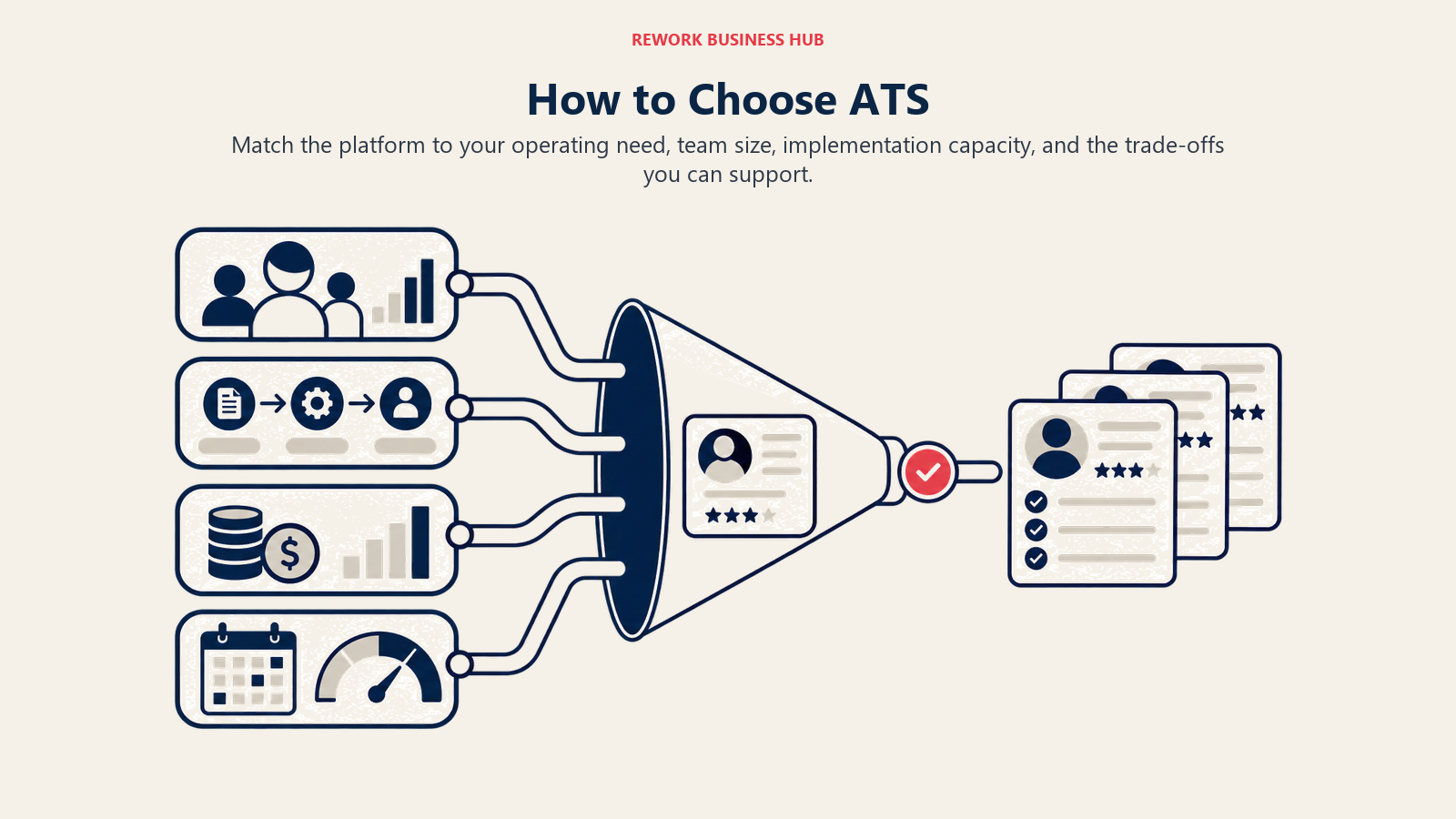 How to Choose ATS illustrated by a decision lens sorting team size, workflow depth, cost, and implementation capacity into a shortlist.