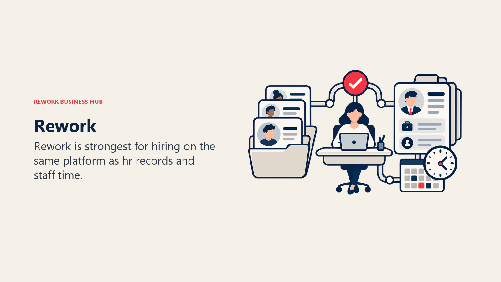 Rework illustrated by shared hiring desk connected to employee records and time cards.