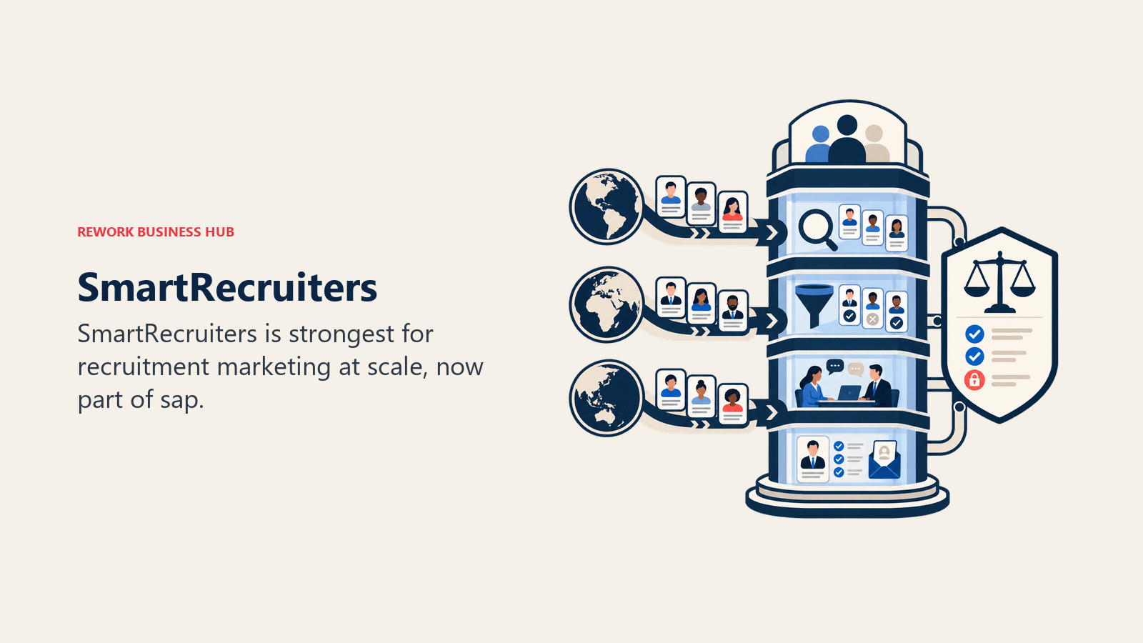 SmartRecruiters illustrated by enterprise hiring tower with regional intake lanes and governance shield.