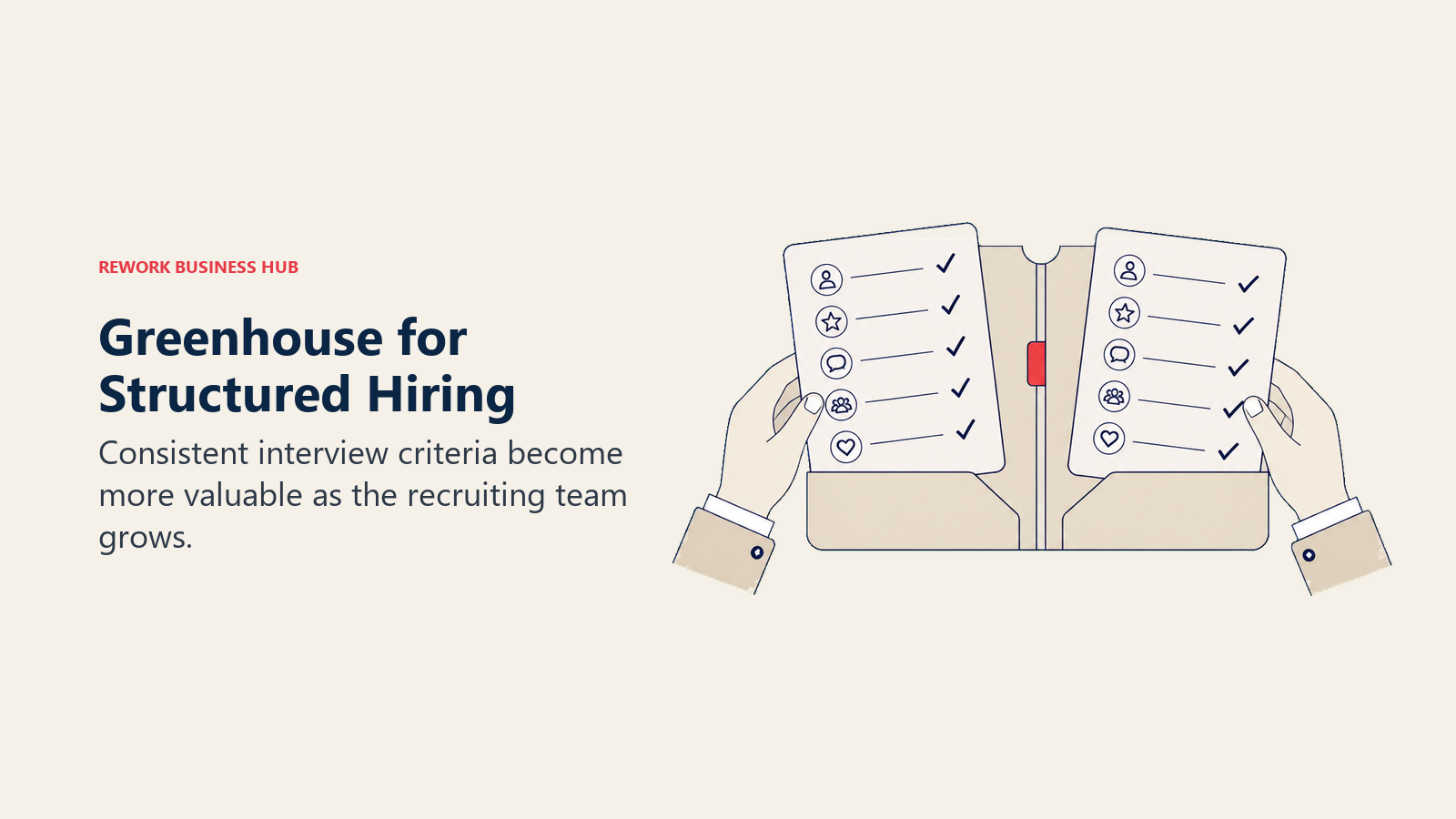 Two Greenhouse interviewers aligning matching evaluation sheets in one shared hiring folio