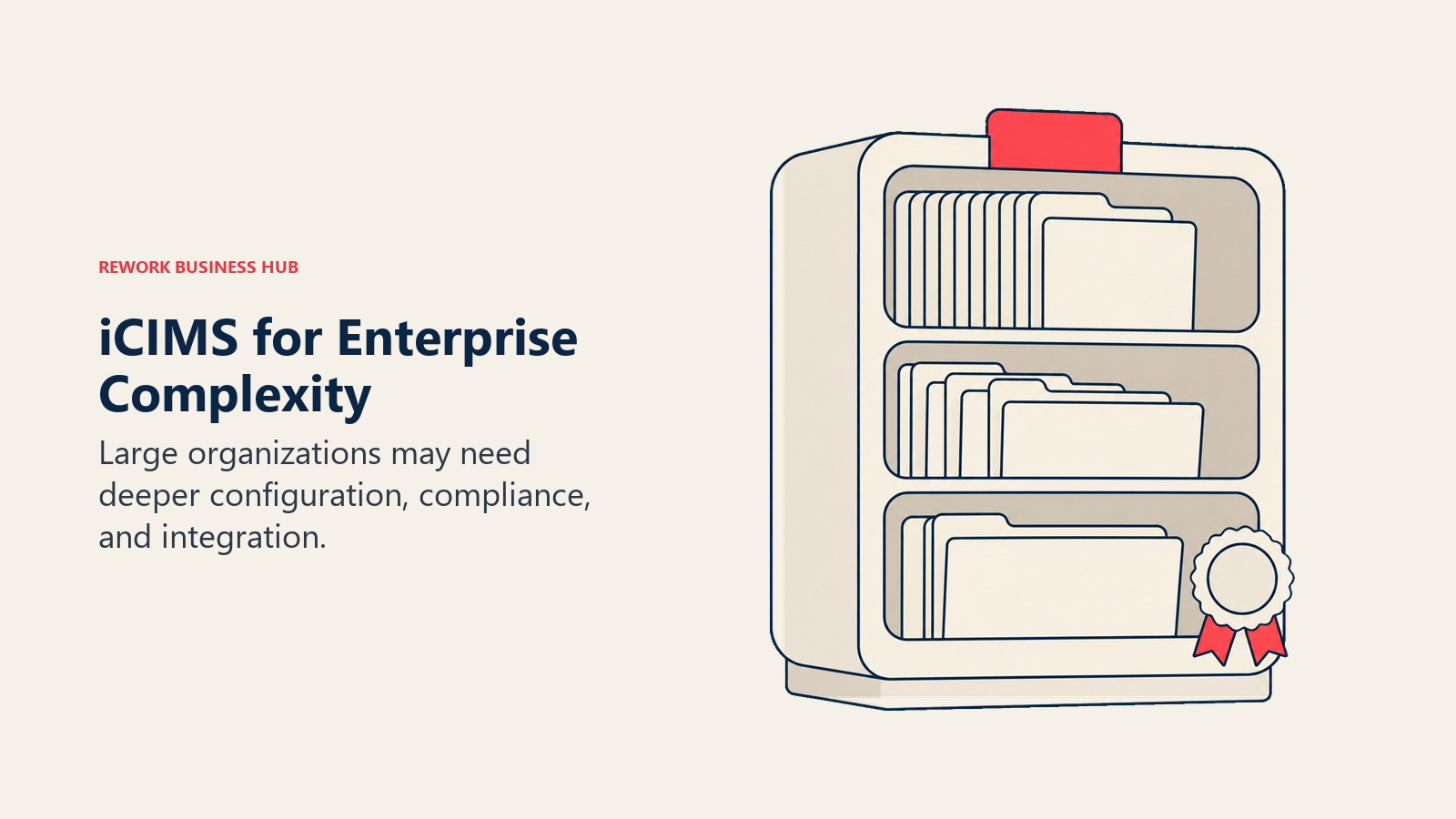 iCIMS enterprise configuration illustrated by a multi-compartment candidate file cabinet with a compliance seal