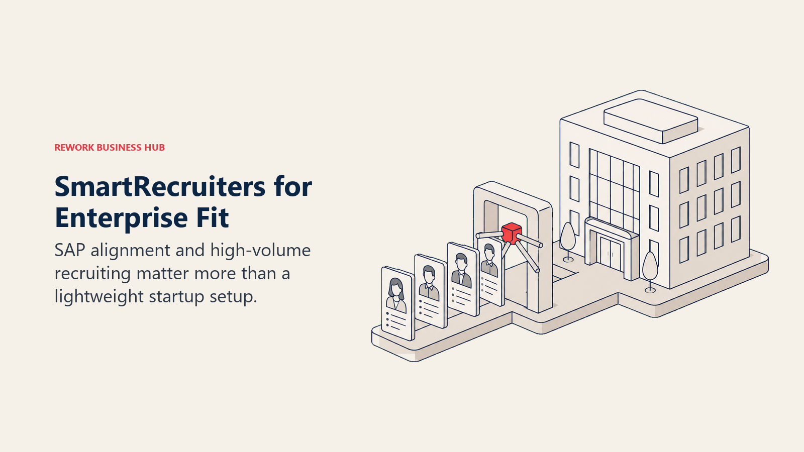 SmartRecruiters enterprise hiring illustrated by applicant records entering an office through a turnstile