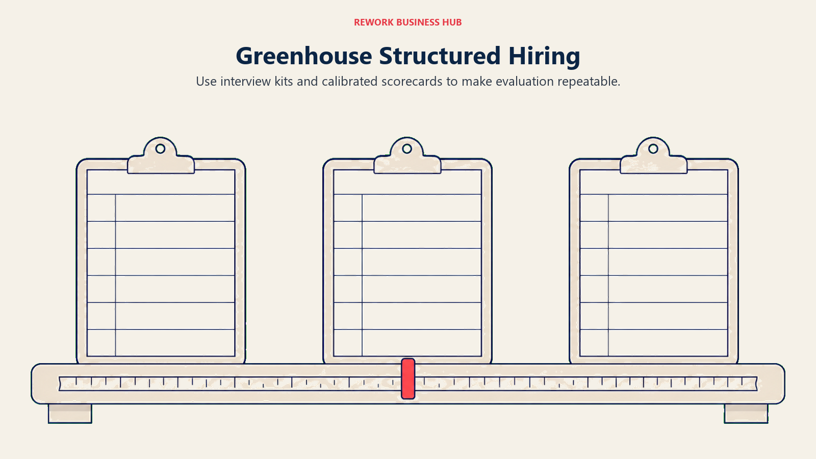 Three interview scorecards aligned with one ruler for Greenhouse structured hiring.