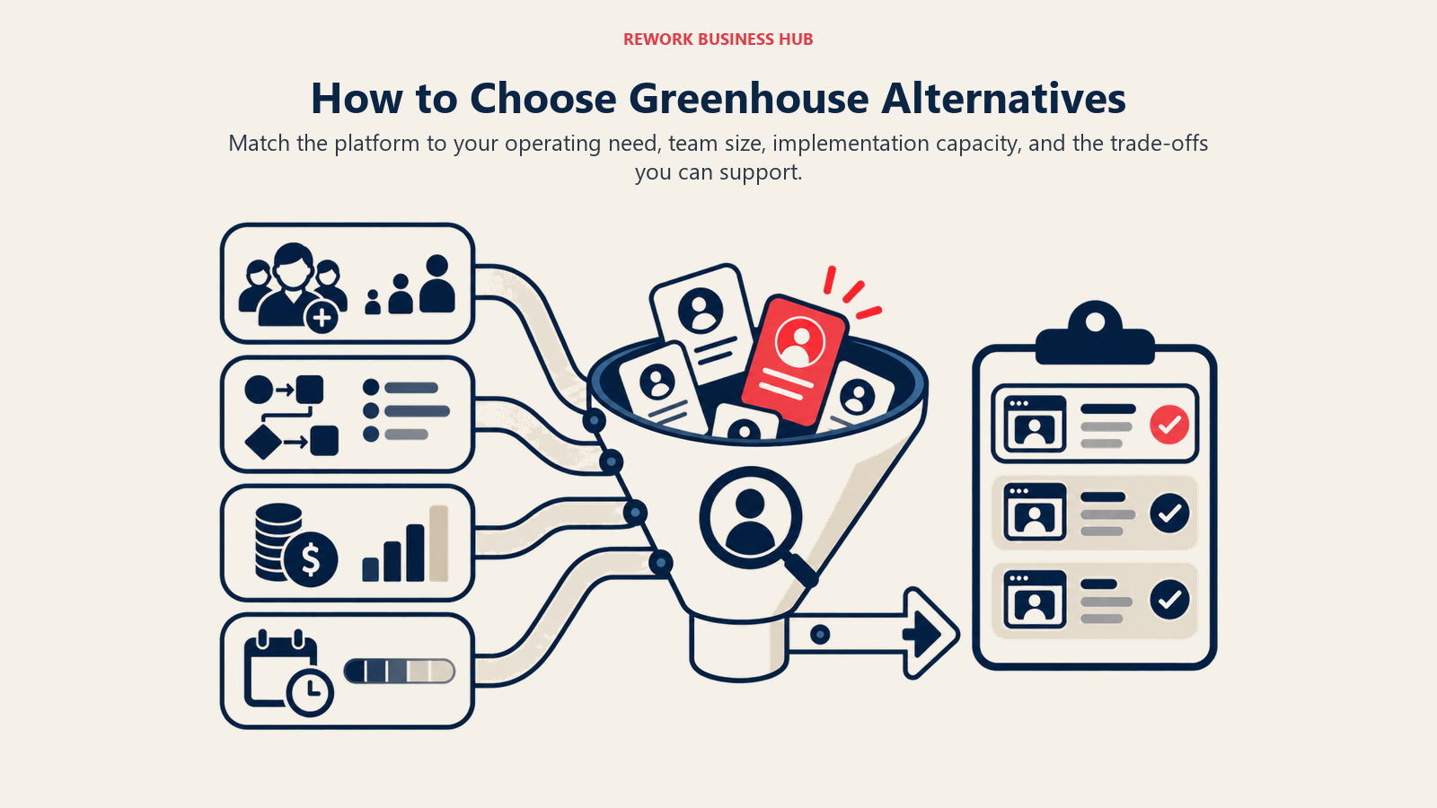 How to Choose Greenhouse Alternatives illustrated by a decision lens sorting team size, workflow depth, cost, and implementation capacity into a shortlist.