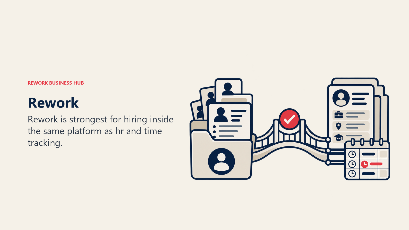 Rework illustrated by shared hiring desk connected to employee records and time cards.