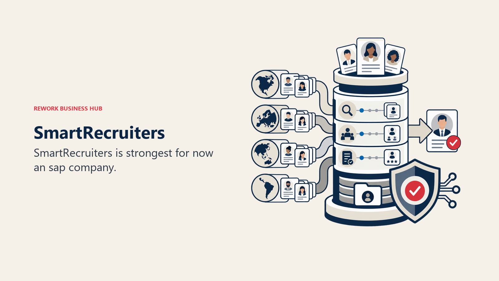 SmartRecruiters illustrated by enterprise hiring tower with regional intake lanes and governance shield.