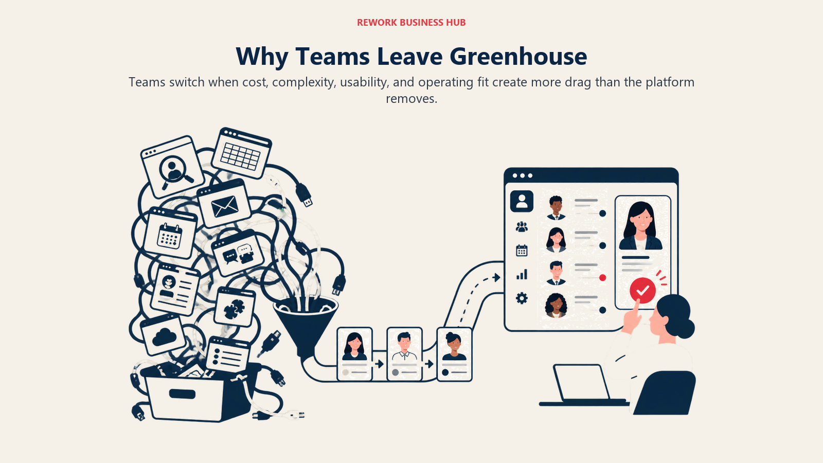 Why Teams Leave Greenhouse illustrated by an overloaded software stack shedding tangled modules into a cleaner operating path.
