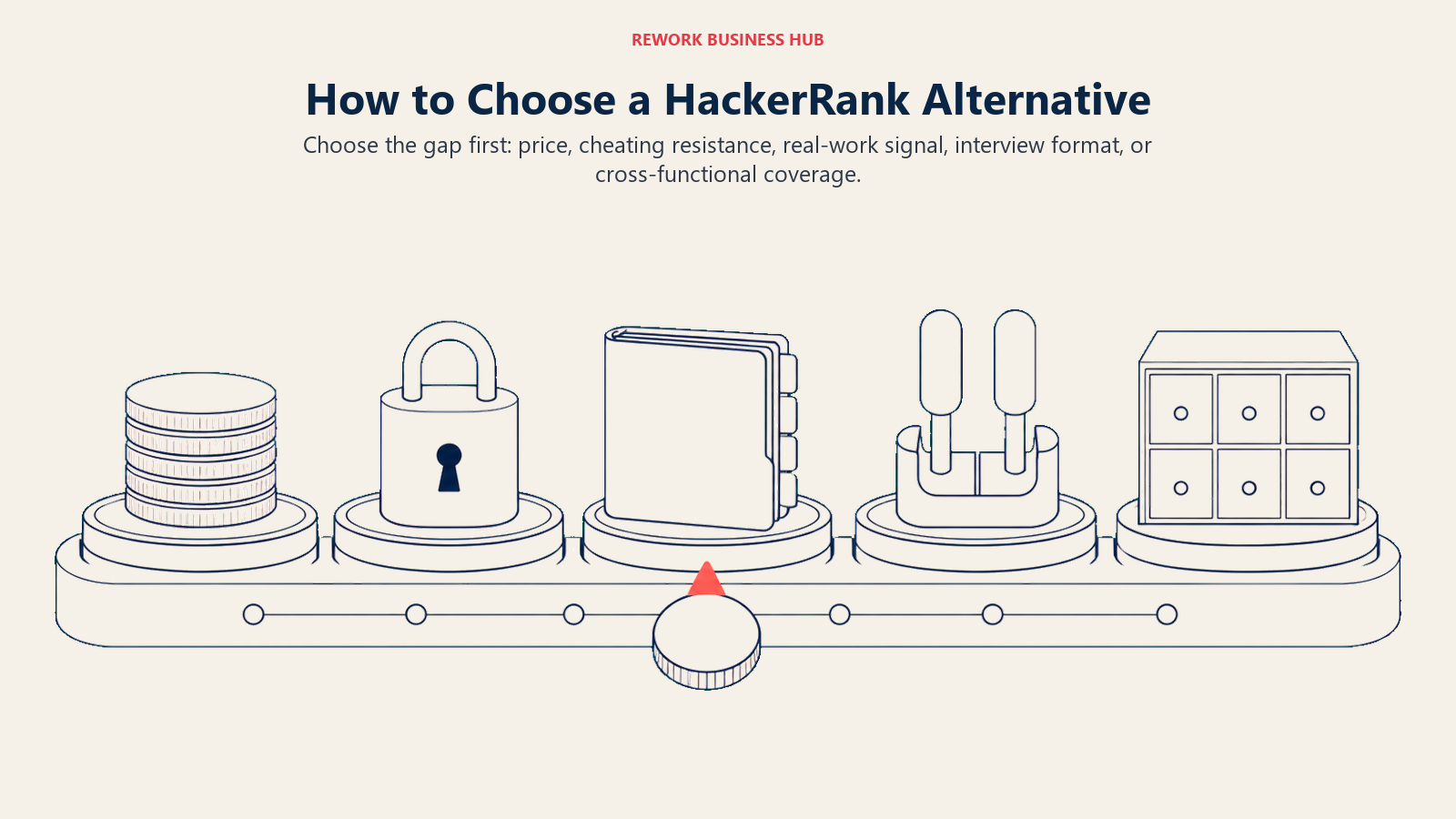 Five-cartridge selector for choosing a HackerRank alternative by cost, integrity, real-work signal, interview format, or cross-functional coverage