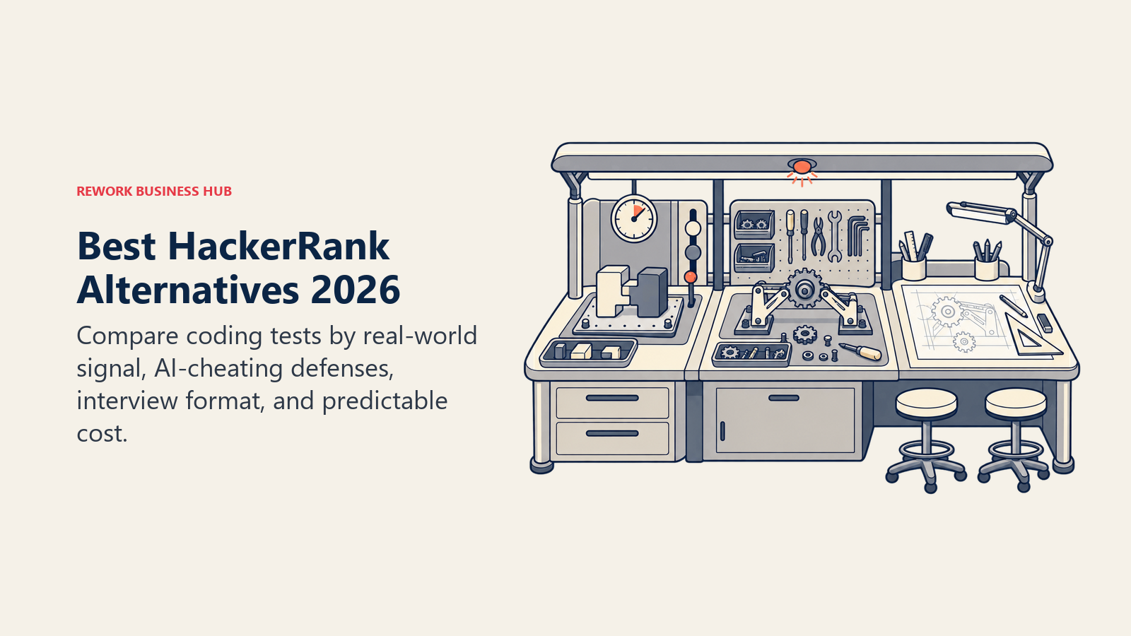 Best HackerRank alternatives shown as a modular technical assessment bench for real-work signal, live reasoning, and integrity checks