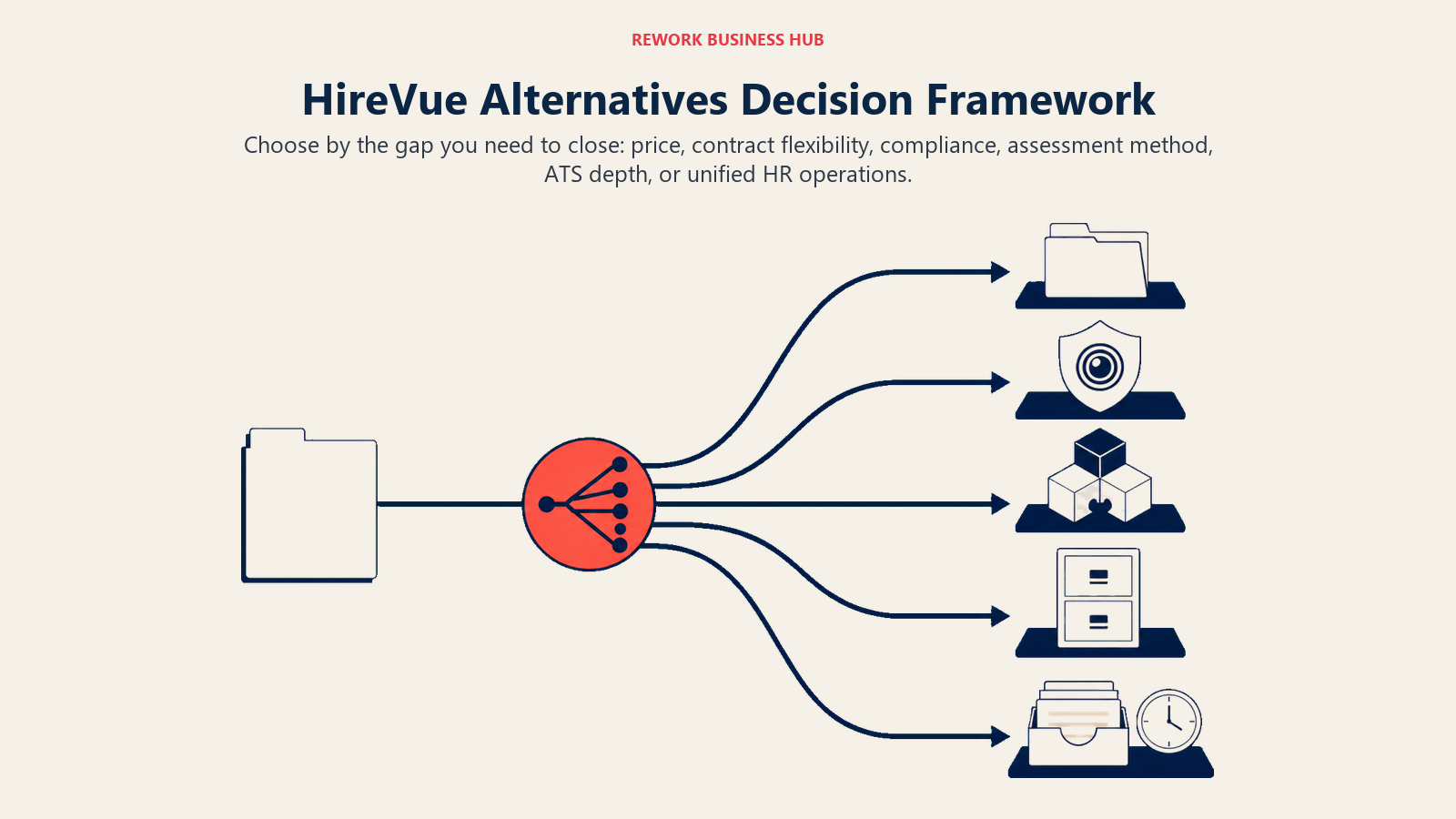 HireVue alternatives decision framework shown as branching routes to flexible contracts, compliance, skills assessment, full ATS, and unified HR options