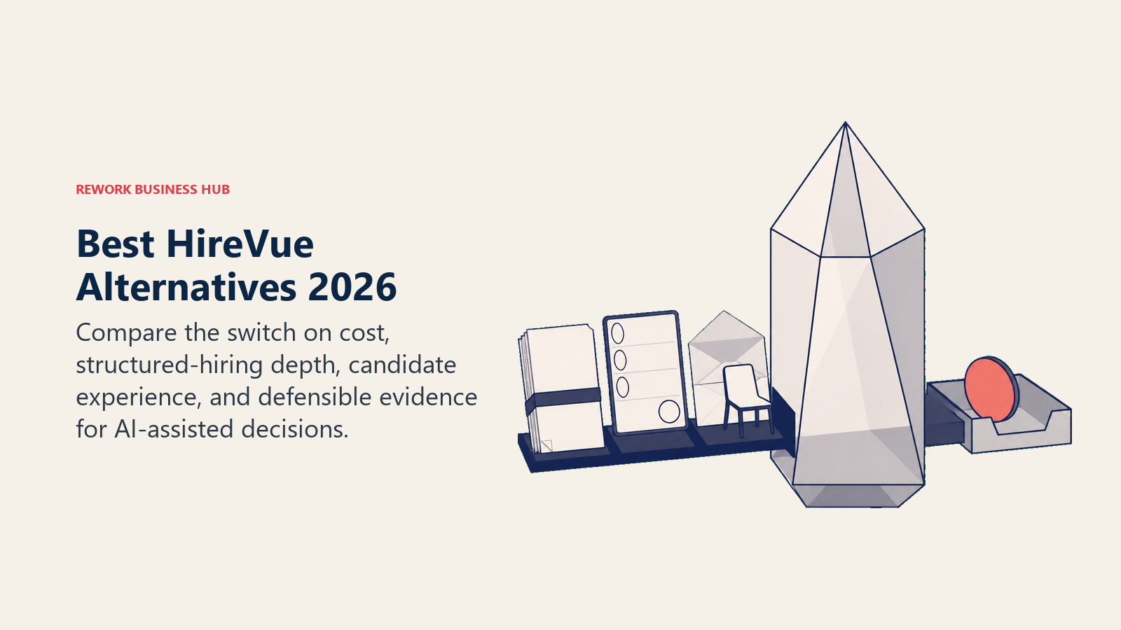Best HireVue alternatives 2026 shown as a decision prism filtering contract, audit scorecard, and candidate experience criteria