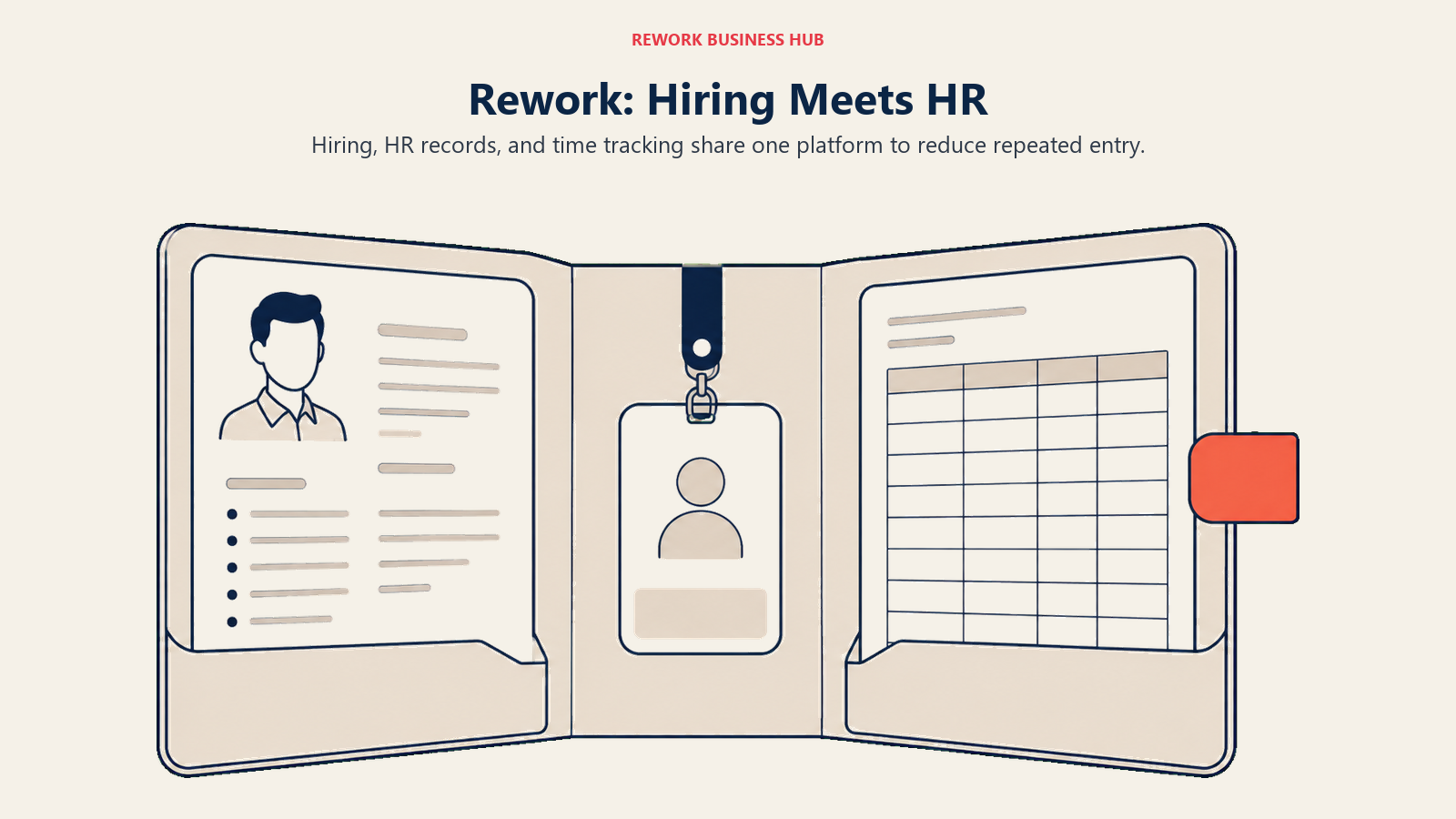 Rework hiring and HR integration shown as a personnel folder, employee badge, and timesheet