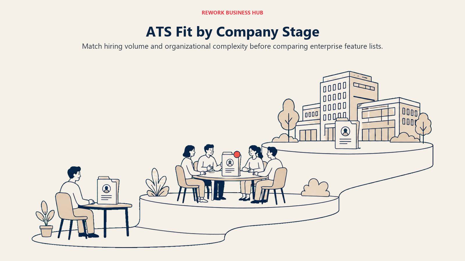 ATS fit by company stage shown as a small desk, growing team, and enterprise campus