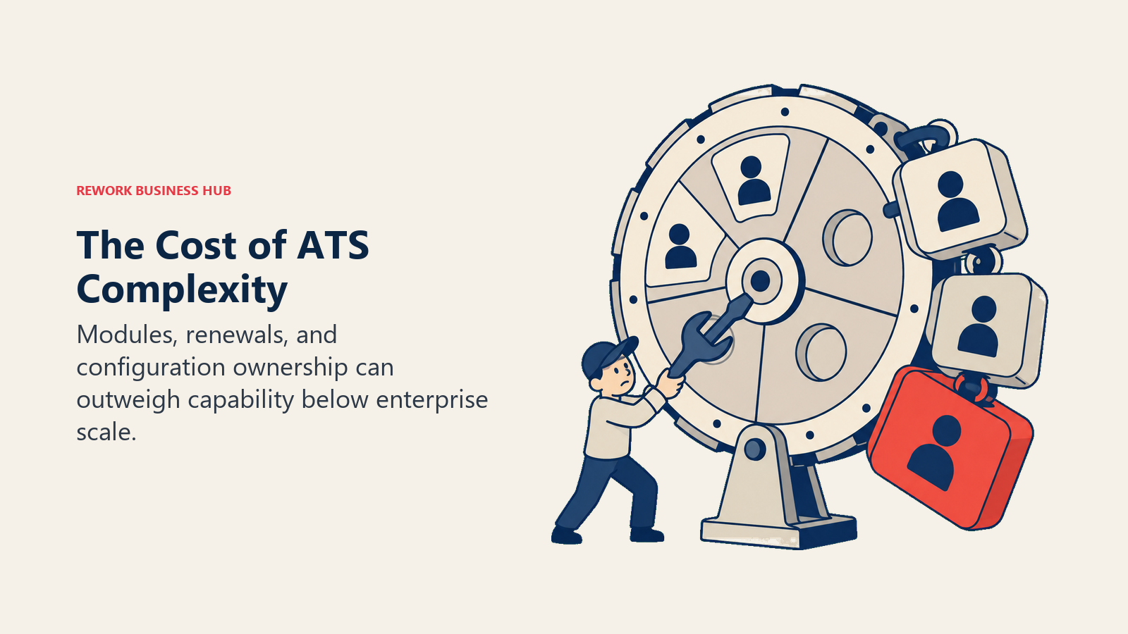 ATS complexity represented by an operator turning a large wheel of recruiting modules