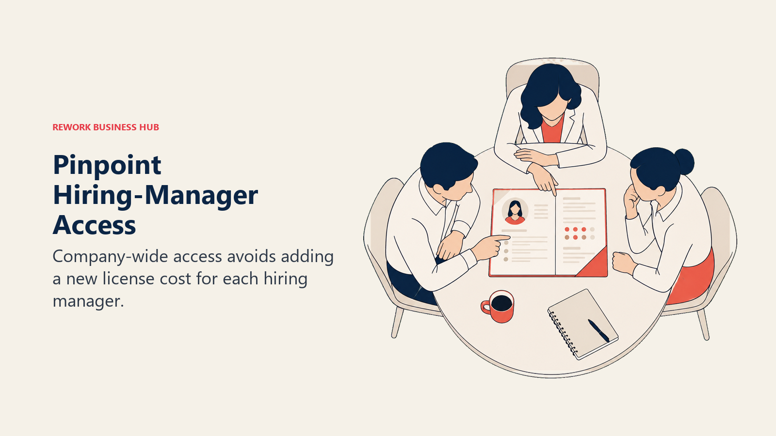 Three hiring managers reviewing a candidate record around a shared table.