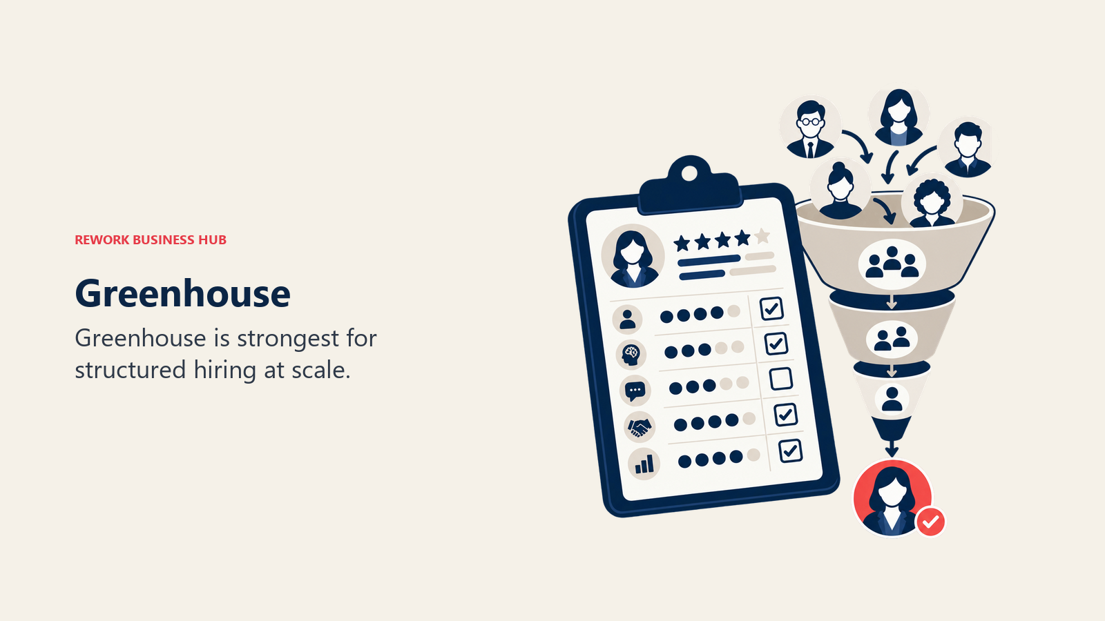 Greenhouse illustrated by structured interview scorecard beside an orderly candidate funnel.