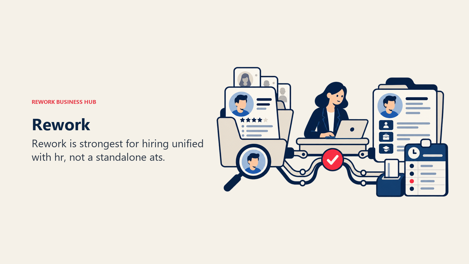 Rework illustrated by shared hiring desk connected to employee records and time cards.