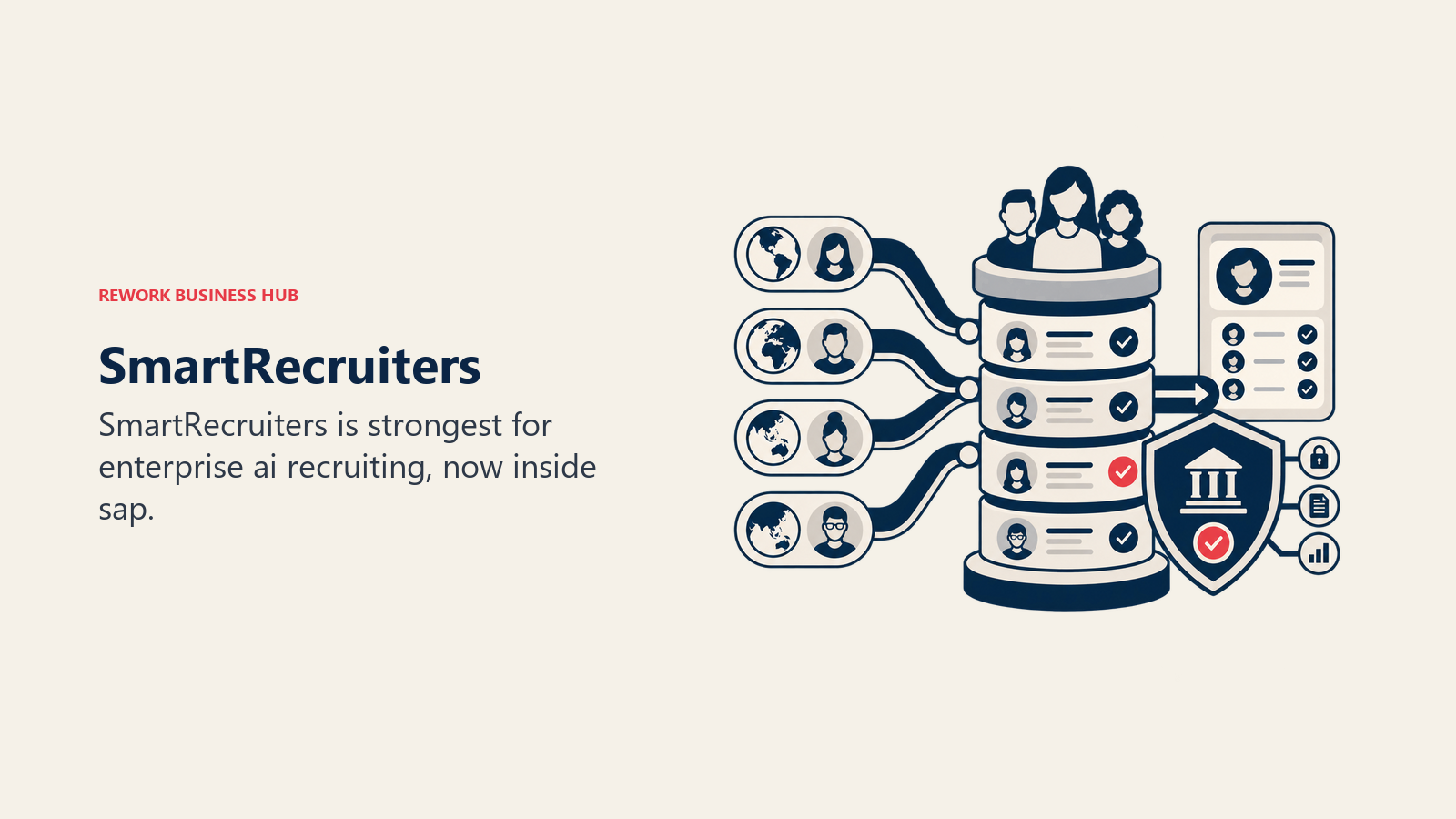 SmartRecruiters illustrated by enterprise hiring tower with regional intake lanes and governance shield.