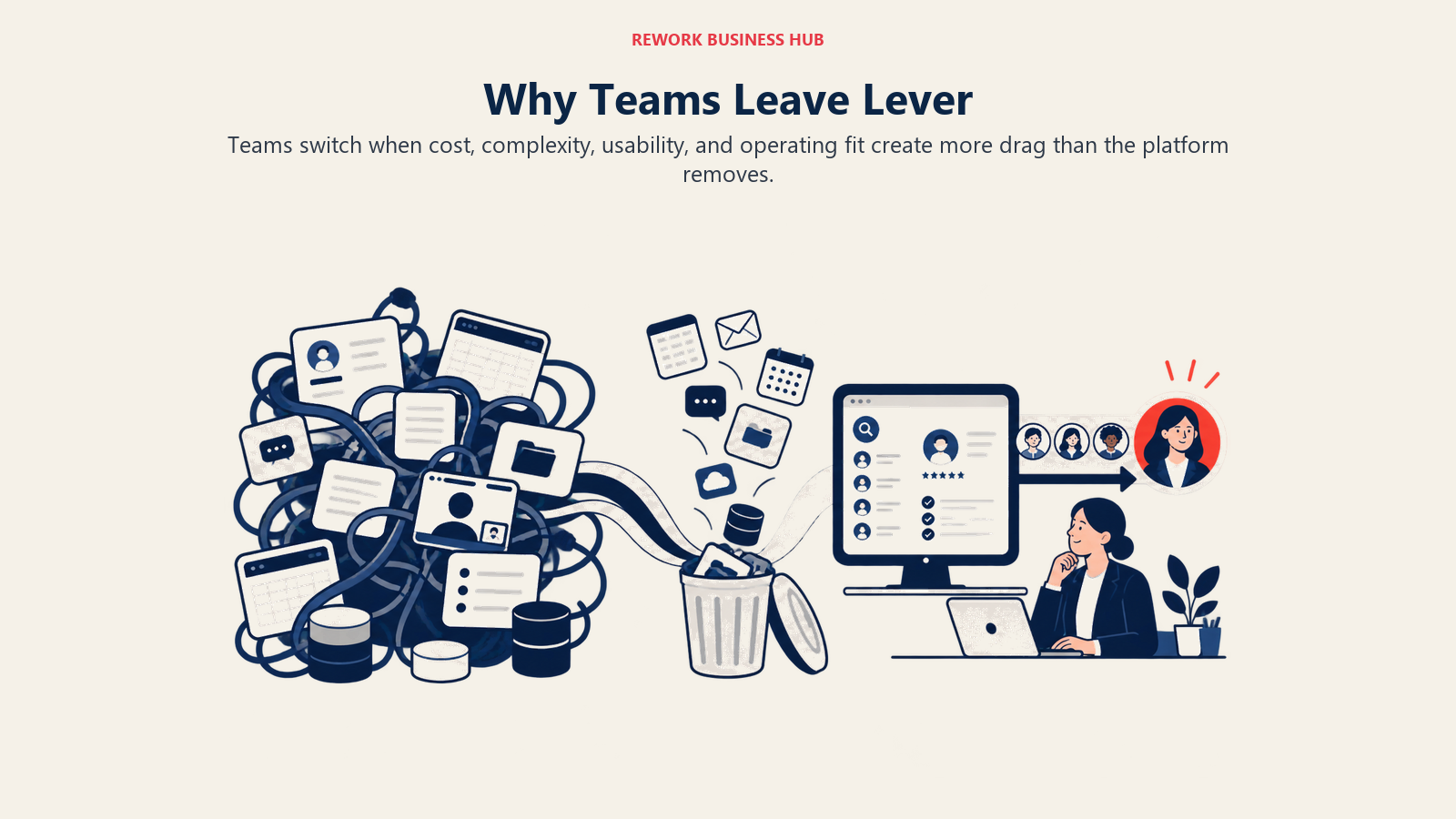 Why Teams Leave Lever illustrated by an overloaded software stack shedding tangled modules into a cleaner operating path.