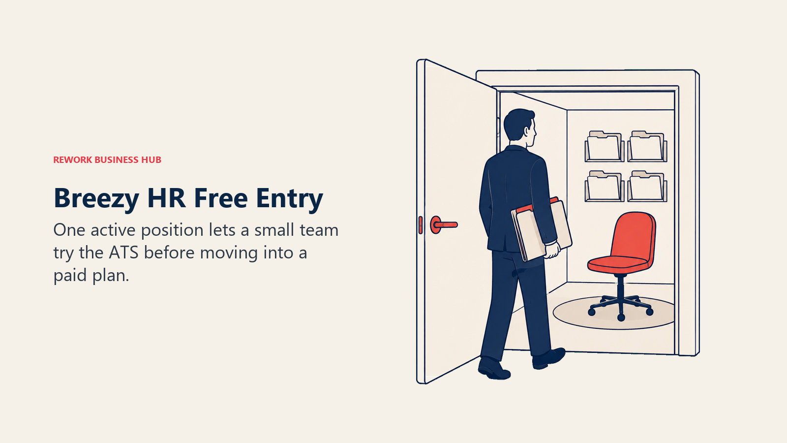 Recruiter entering an open doorway with a single hiring chair inside.