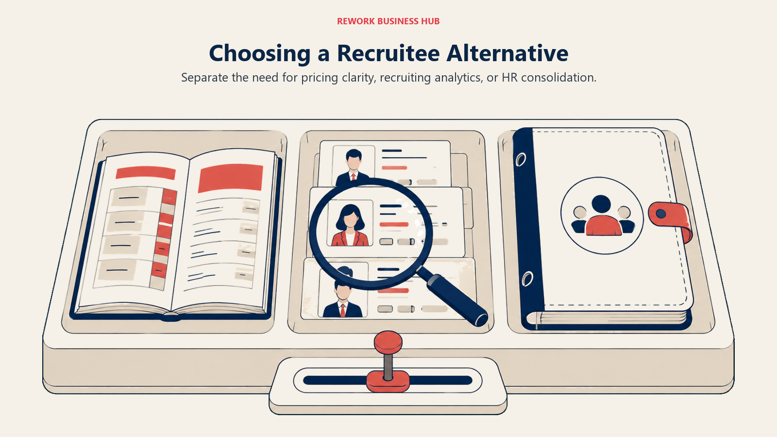 Decision tray containing a rate card, magnified candidate records, and an HR binder.