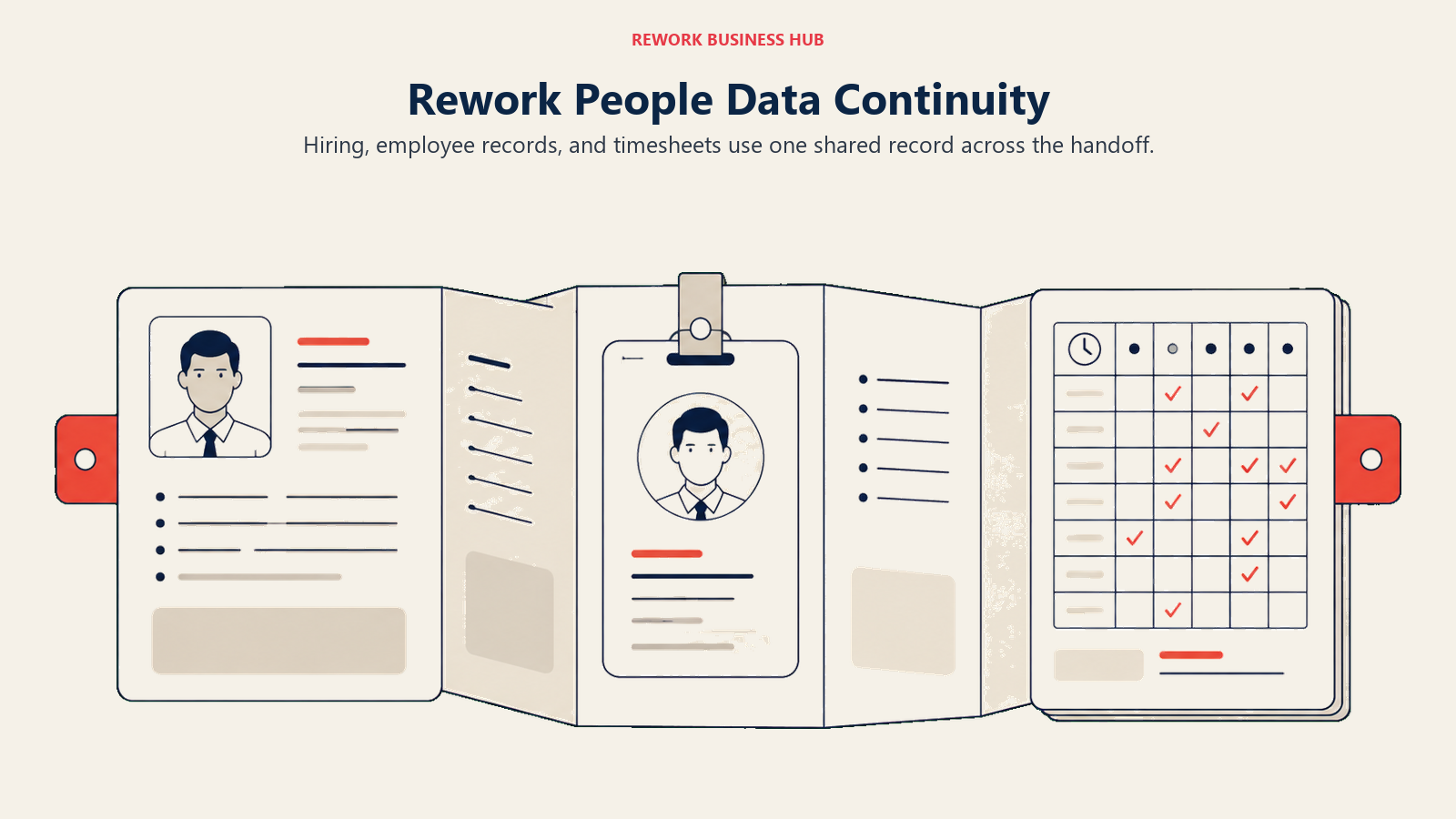 Connected candidate profile, employee badge, and timesheet representing shared people records.