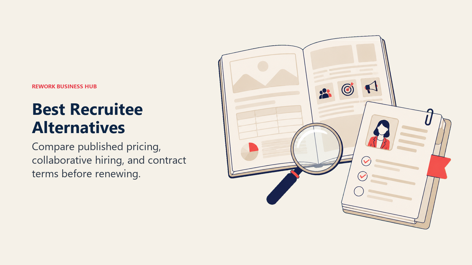 Magnifying glass inspecting a recruiting brochure beside a candidate checklist.