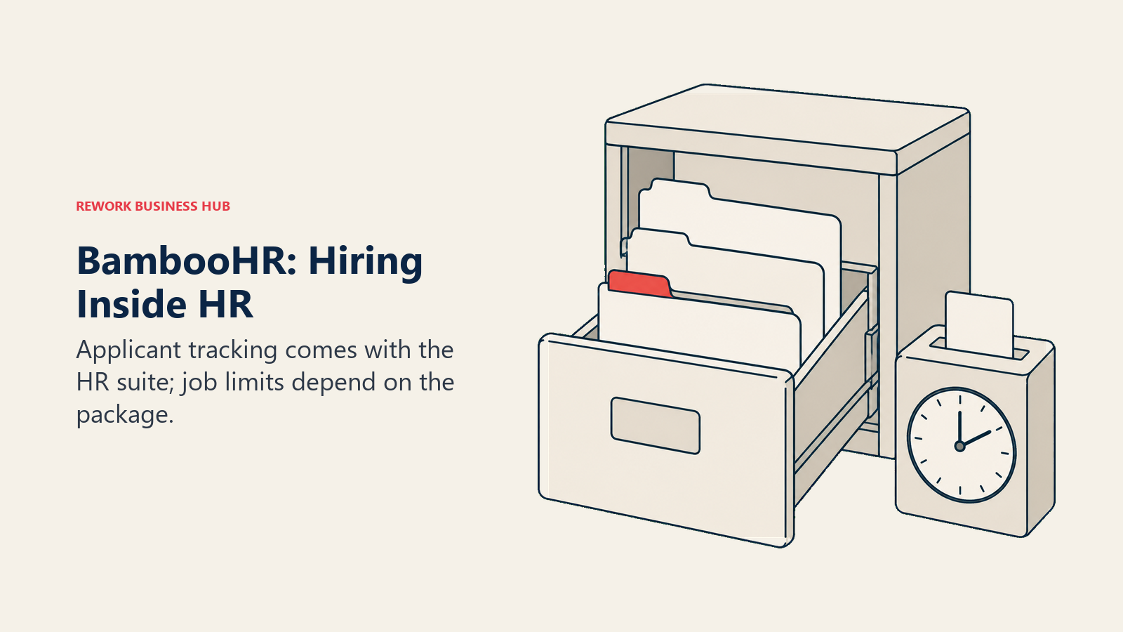 BambooHR applicant folder nested inside an employee-record cabinet beside an attendance clock