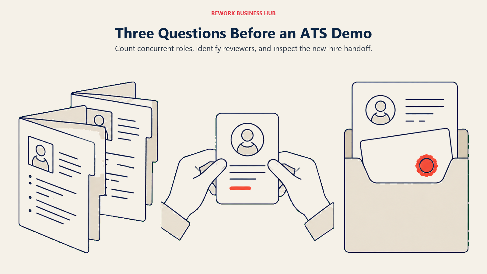 Three recruiting software selection questions illustrated through hiring volume, collaboration, and employee handoff