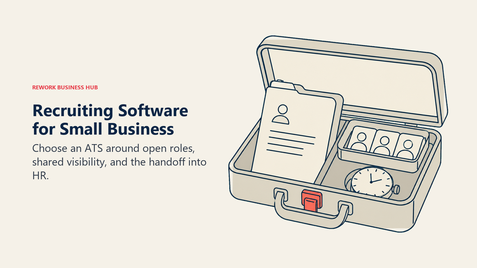 Small-business recruiting toolkit with candidate folders, a shared tray, and an interview clock