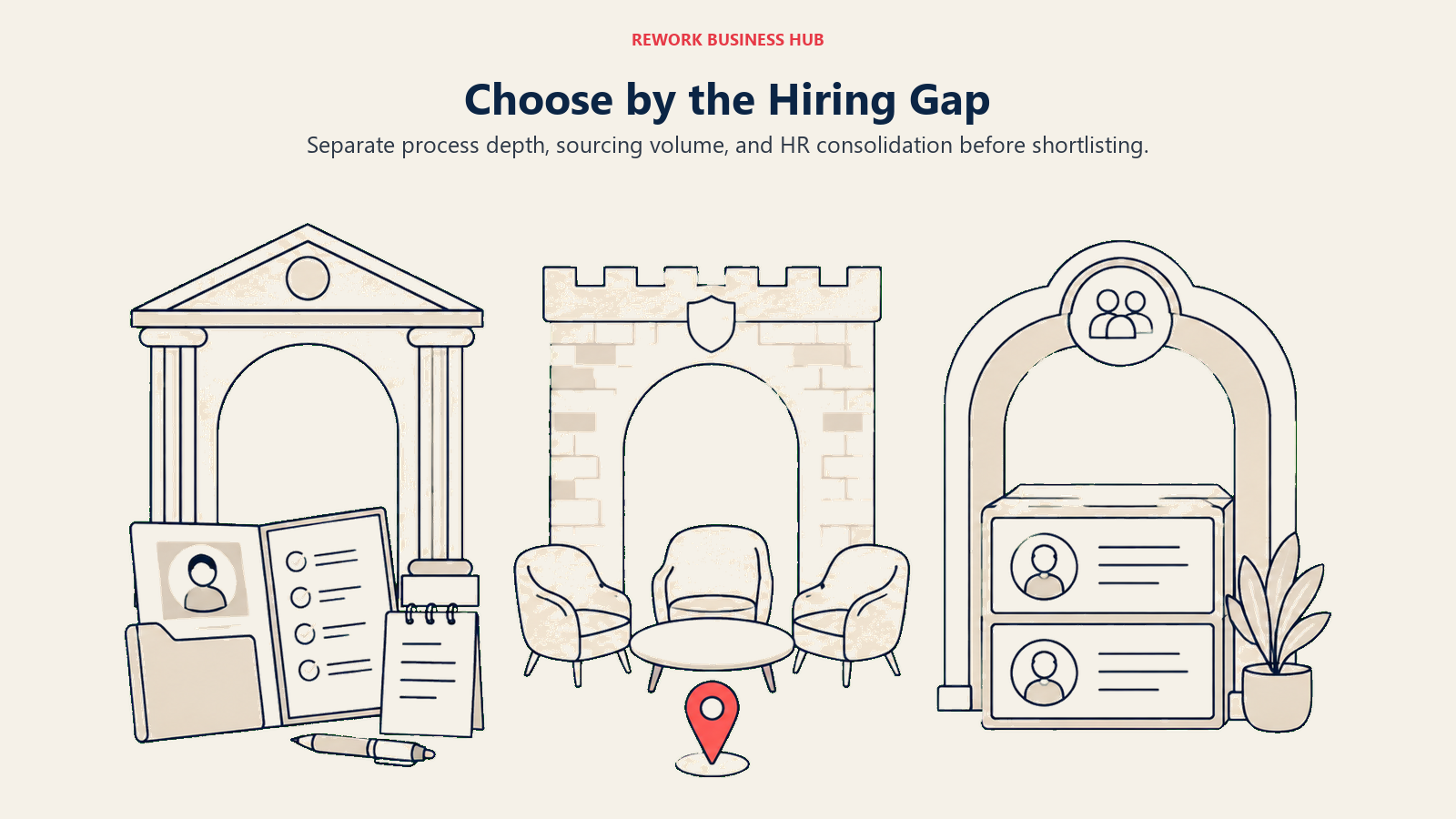 Three recruiting software decision gateways representing process, platform ownership, and hiring volume