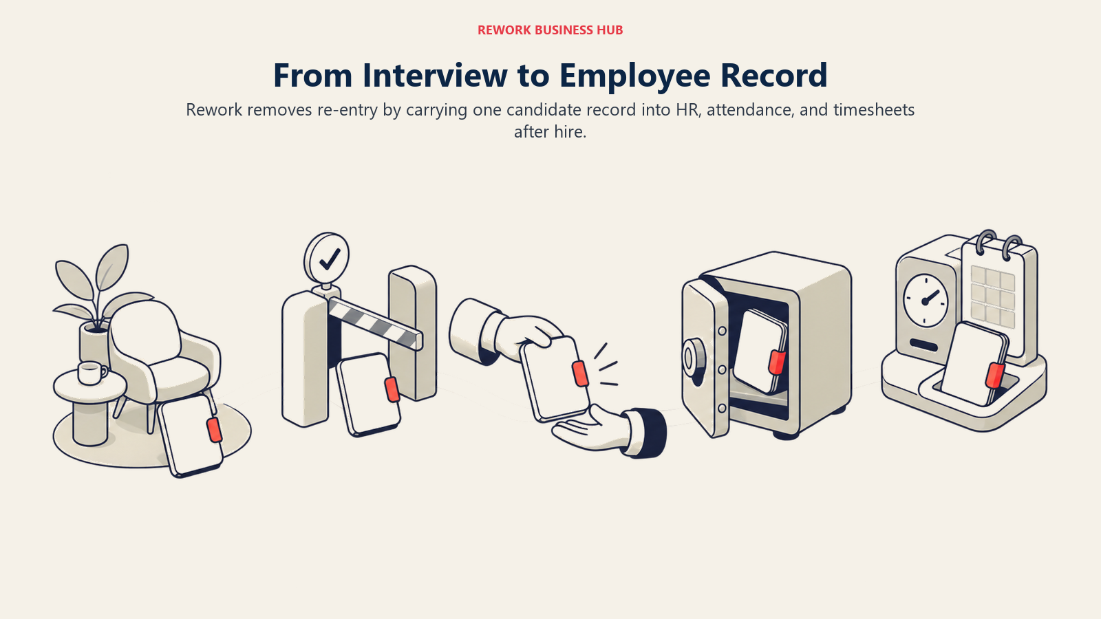One candidate record moving from interview scorecard through hiring into HR, attendance, and timesheet stages without re-entry