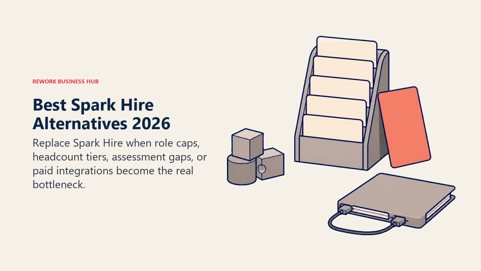 Best Spark Hire alternatives 2026 shown as an over-capacity five-slot interview rack beside assessment and HR integration artifacts