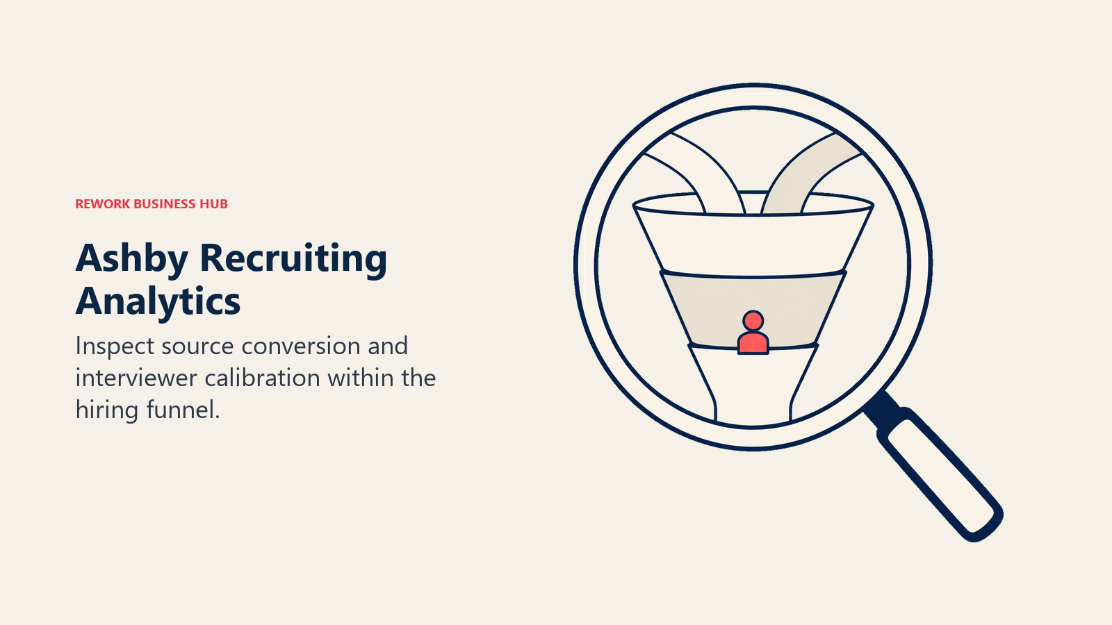 Ashby Recruiting Analytics illustrated with a lens examining candidate transitions inside a three-stage recruiting funnel