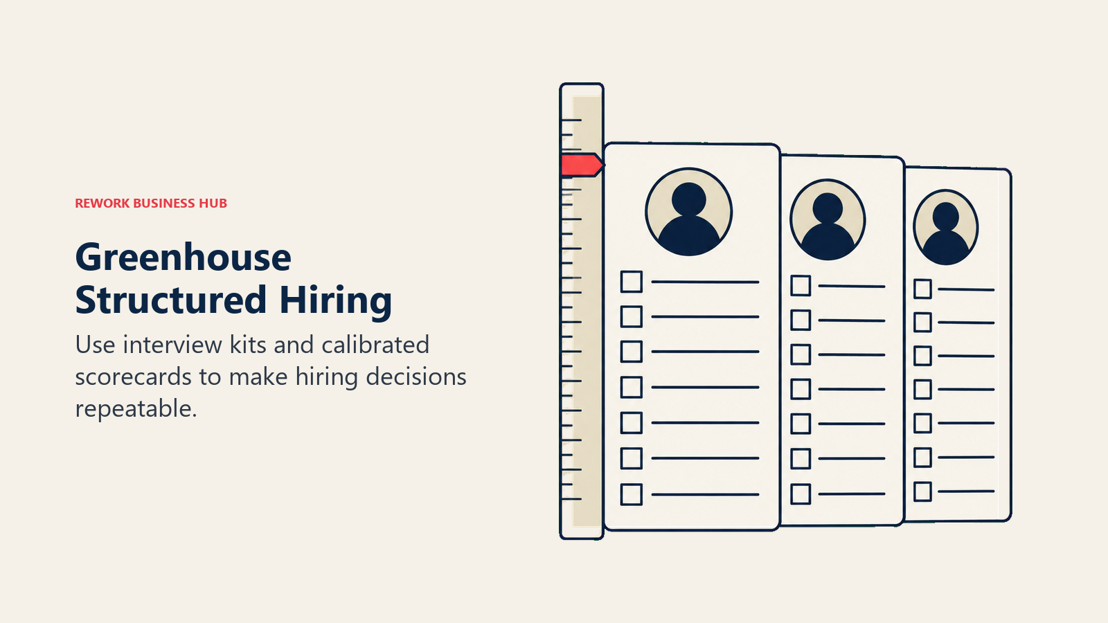 Greenhouse Structured Hiring illustrated with interview scorecards aligned against one shared measuring guide