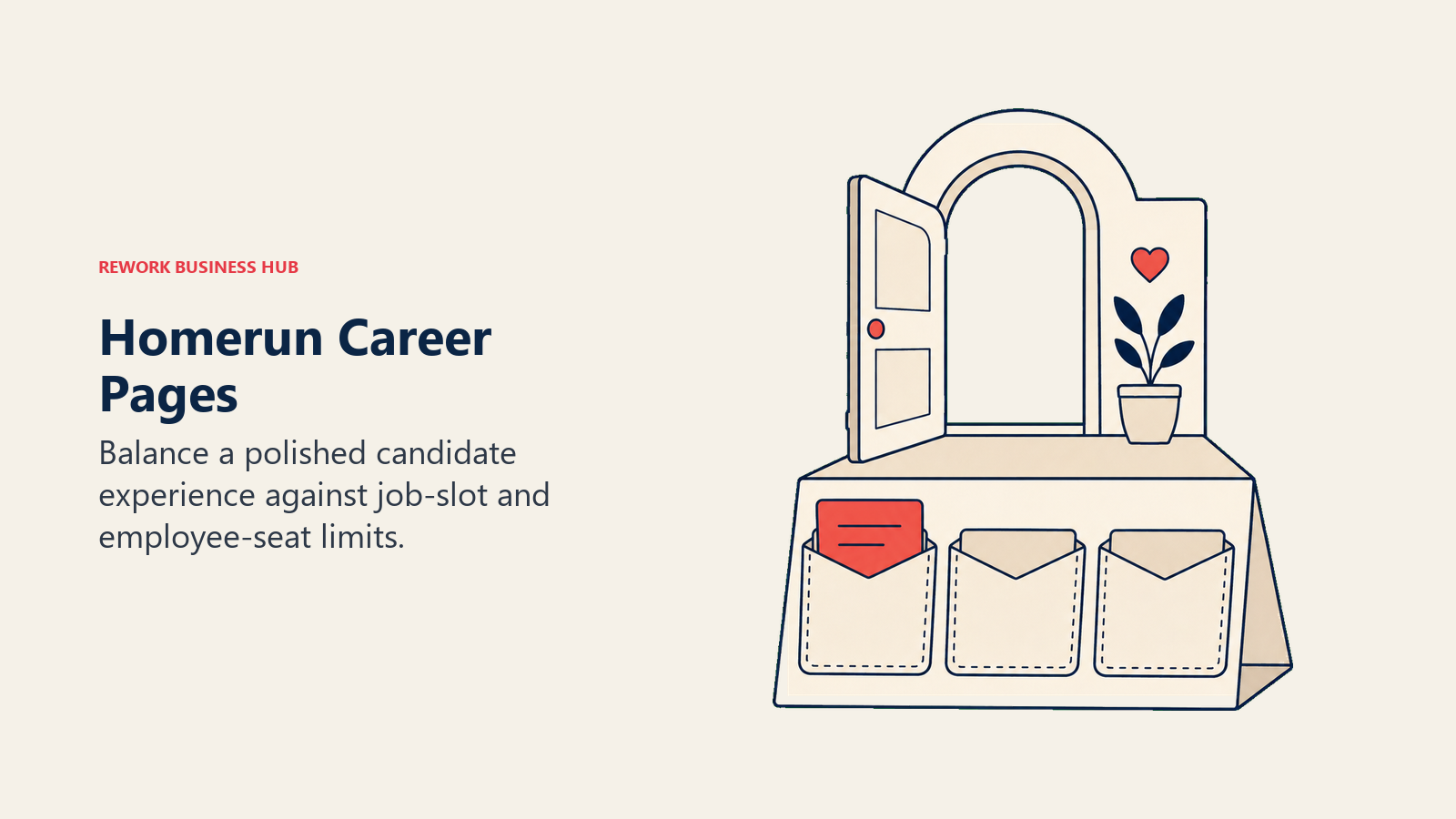 Homerun Career Pages illustrated with a welcoming career-page doorway above a bounded set of job pockets