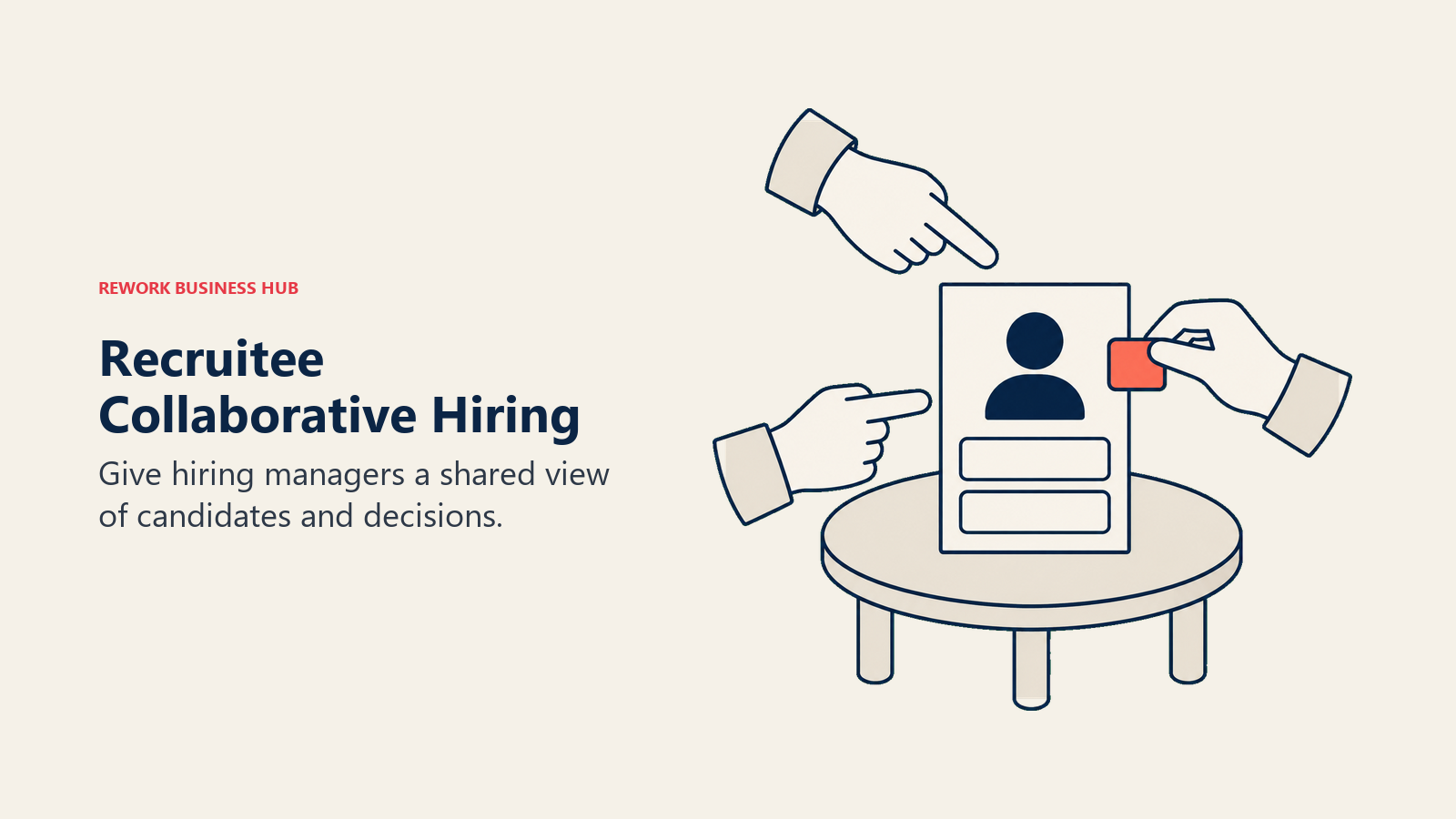 Recruitee Collaborative Hiring illustrated with three paper-cut hands reviewing one candidate portfolio and attaching a feedback tab