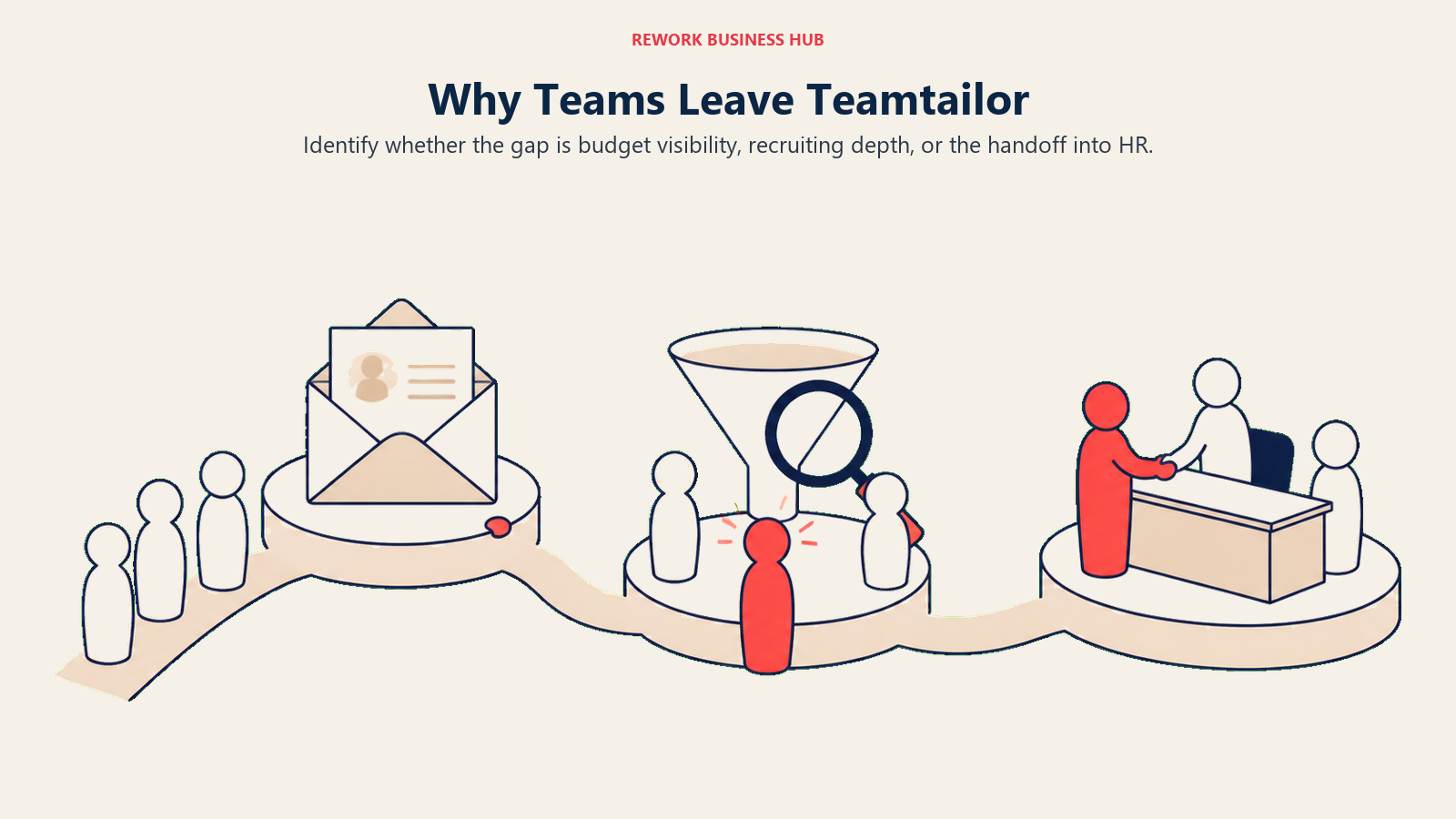 Why Teams Leave Teamtailor illustrated with a recruiting path with budget, analytics, and HR-handoff diagnostic stations