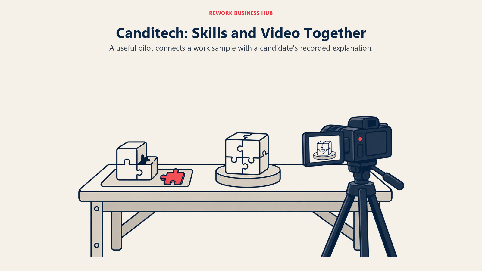A camera records a completed puzzle on a workbench to illustrate a Canditech work sample and explanation.